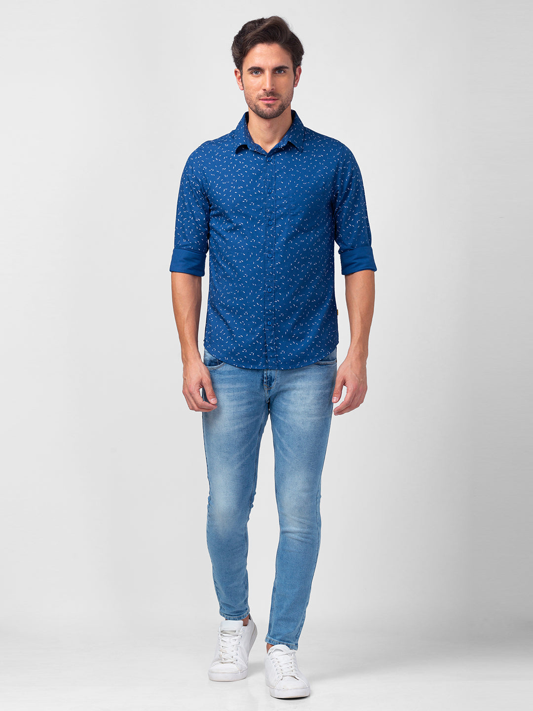 Spykar Men Cobalt Blue Cotton Slim Fit Printed Shirt