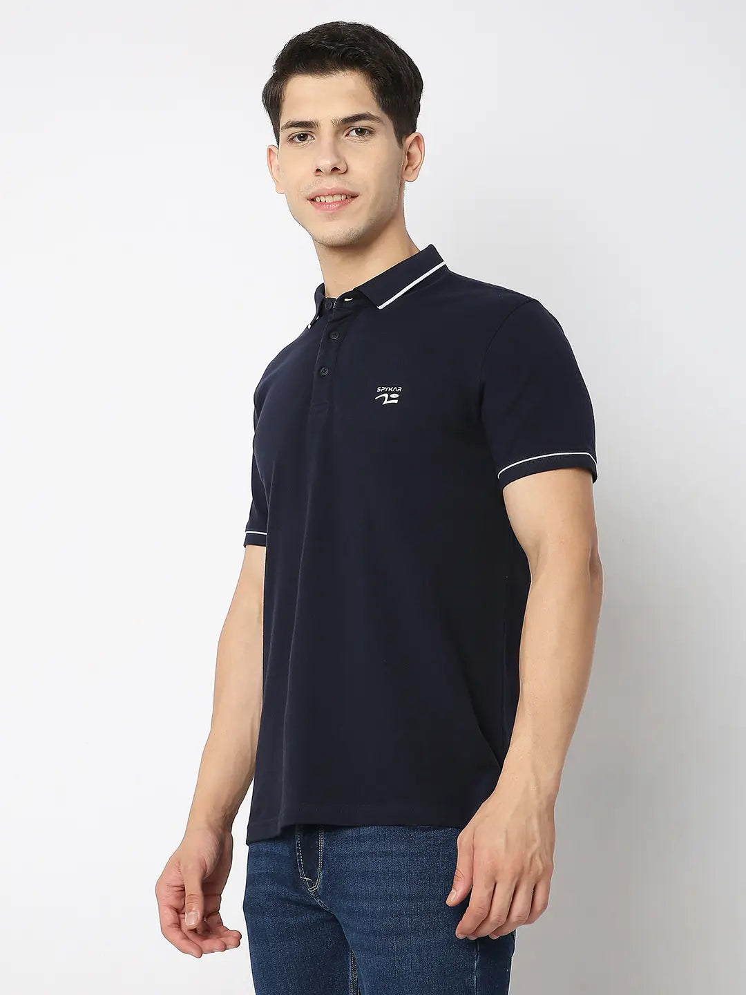 Spykar Men Navy Blue Cotton Regular Fit Plain Polo Tshirt