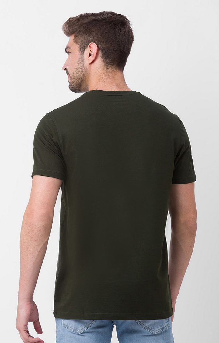 Spykar Dark Olive Green Cotton Half Sleeve Printed Casual T-Shirt For Men