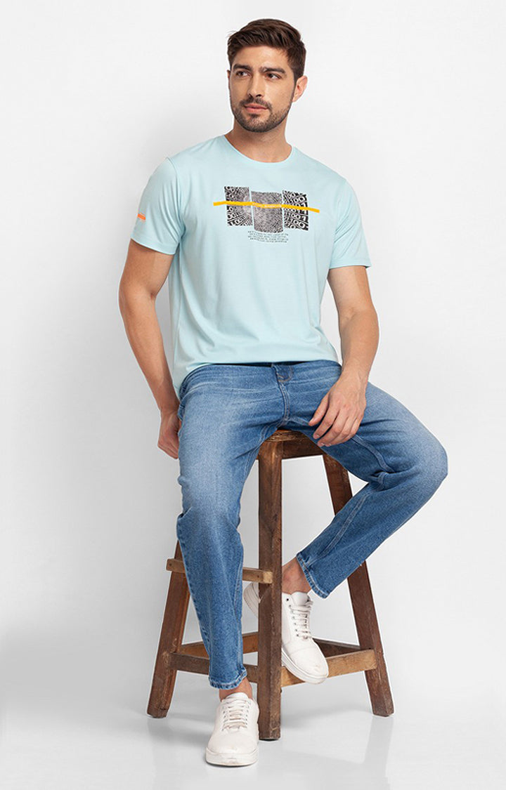 Spykar Aqua Blue Cotton Half Sleeve Printed Casual T-Shirt For Men