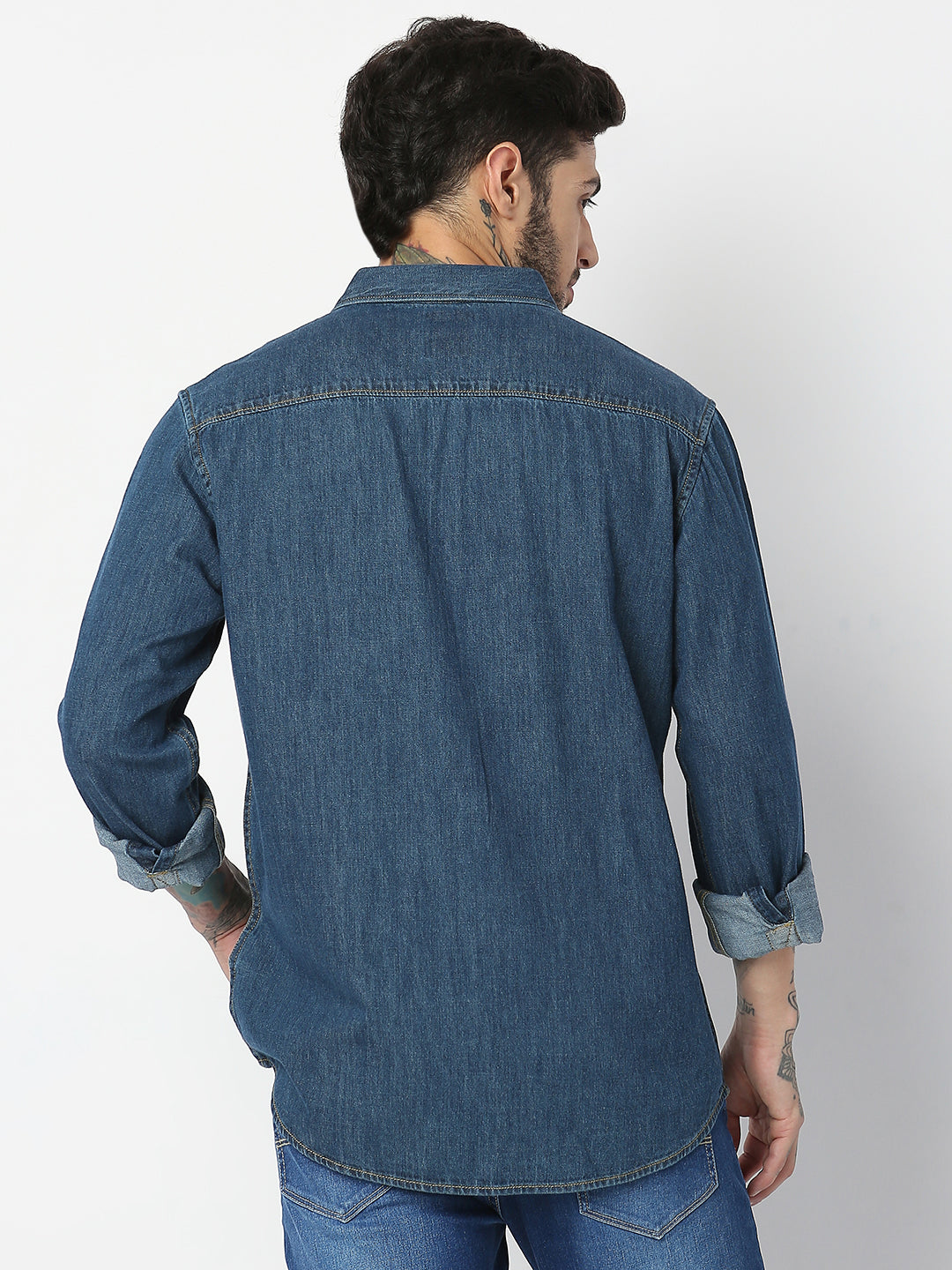 Spykar Men Dark Blue Cotton Slim Fit Denim Shirts