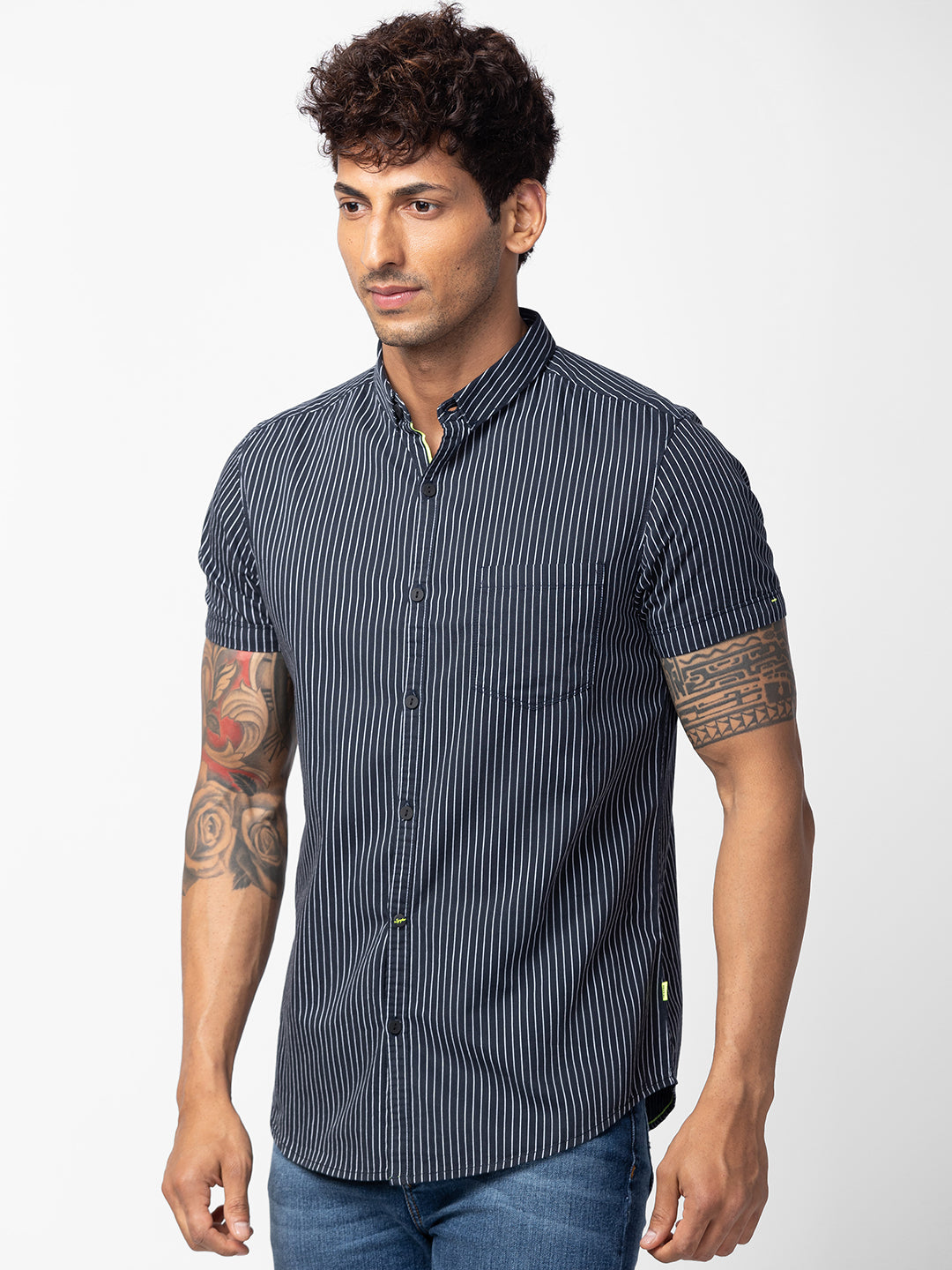 Spykar Men Navy Blue Cotton Slim Fit Striped Shirt