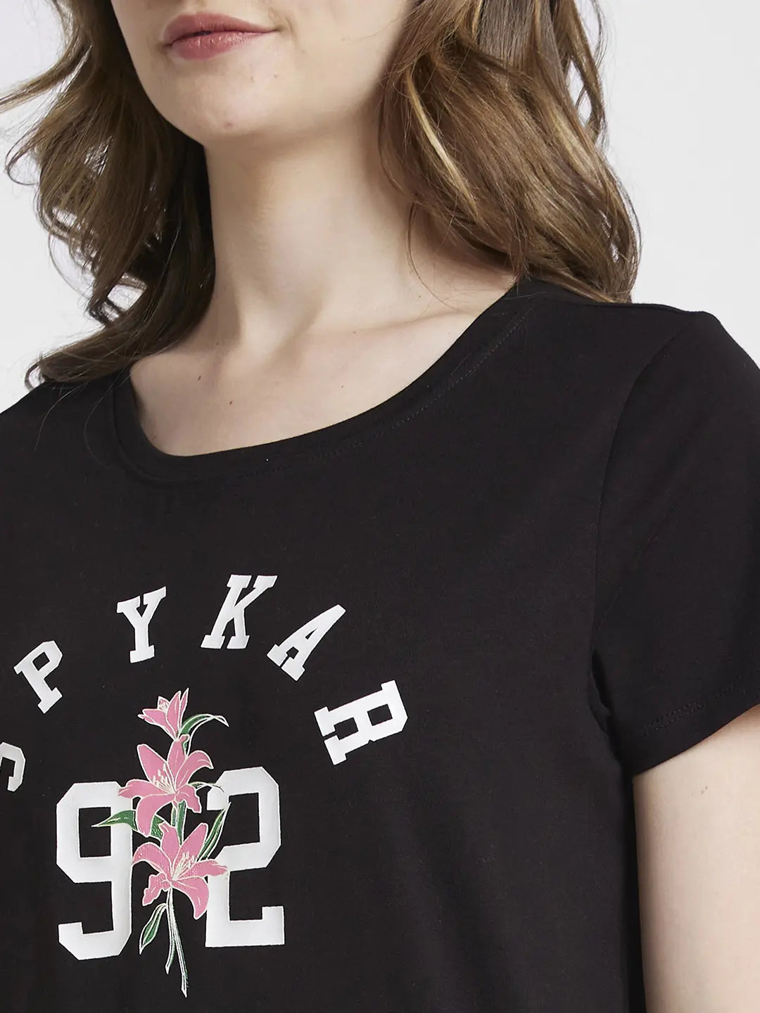 Spykar Women Black Blended Regular Fit Half Sleeve Round Neck Printed Tshirt