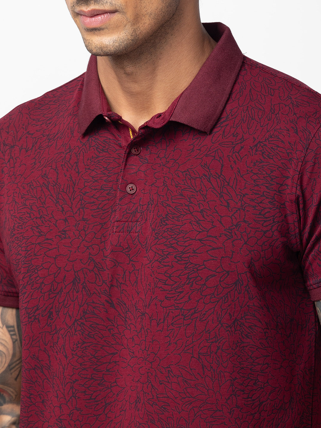 Spykar Men Wine Cotton Regular Fit Half Sleeve Printed Polo T-Shirt