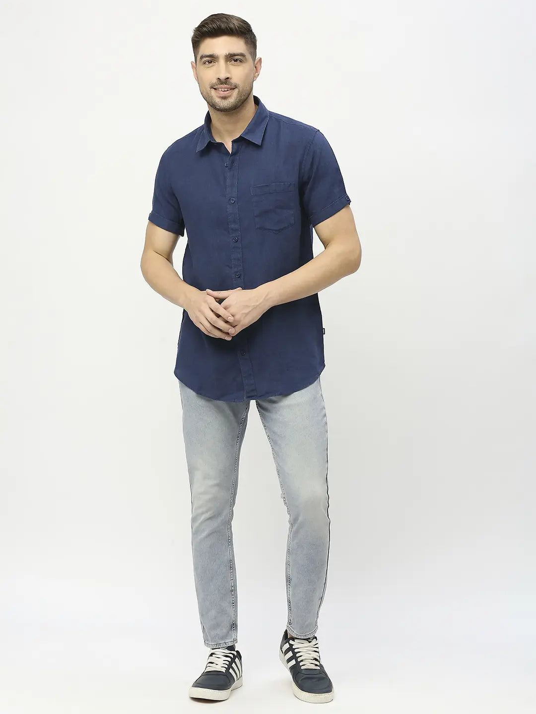 Spykar Men Navy Blue Linen Regular Fit Half Sleeve Plain Shirts