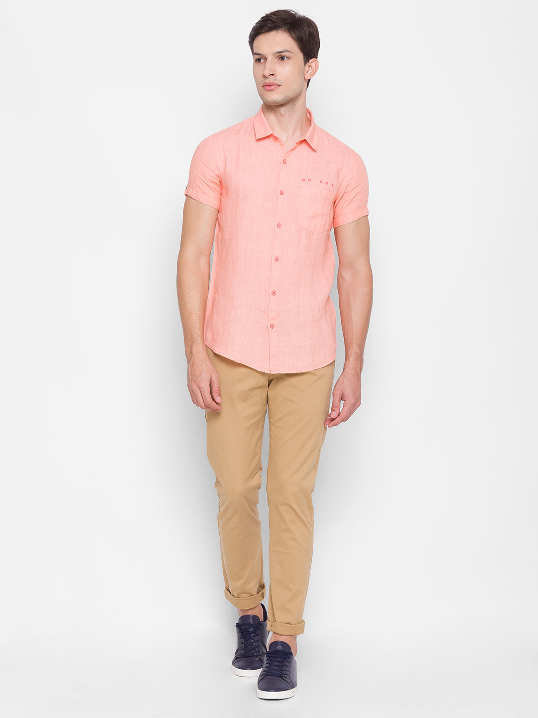 Spykar Slim Fit Orange Cotton Men Shirt