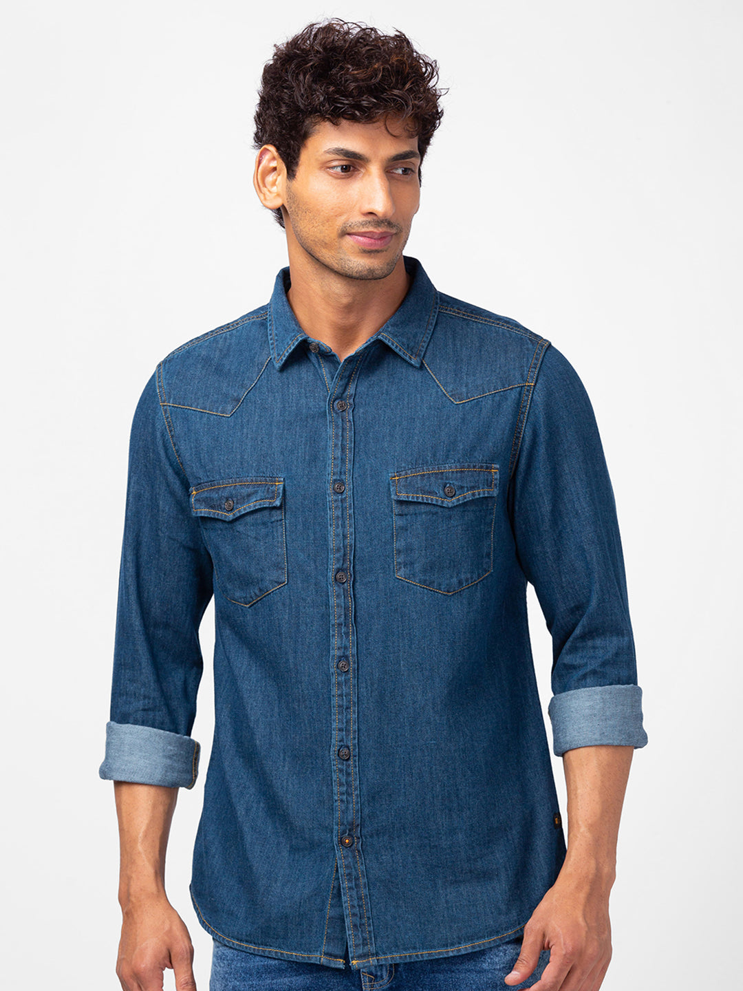 Spykar Men Dark Blue Cotton Slim Fit Denim Shirts