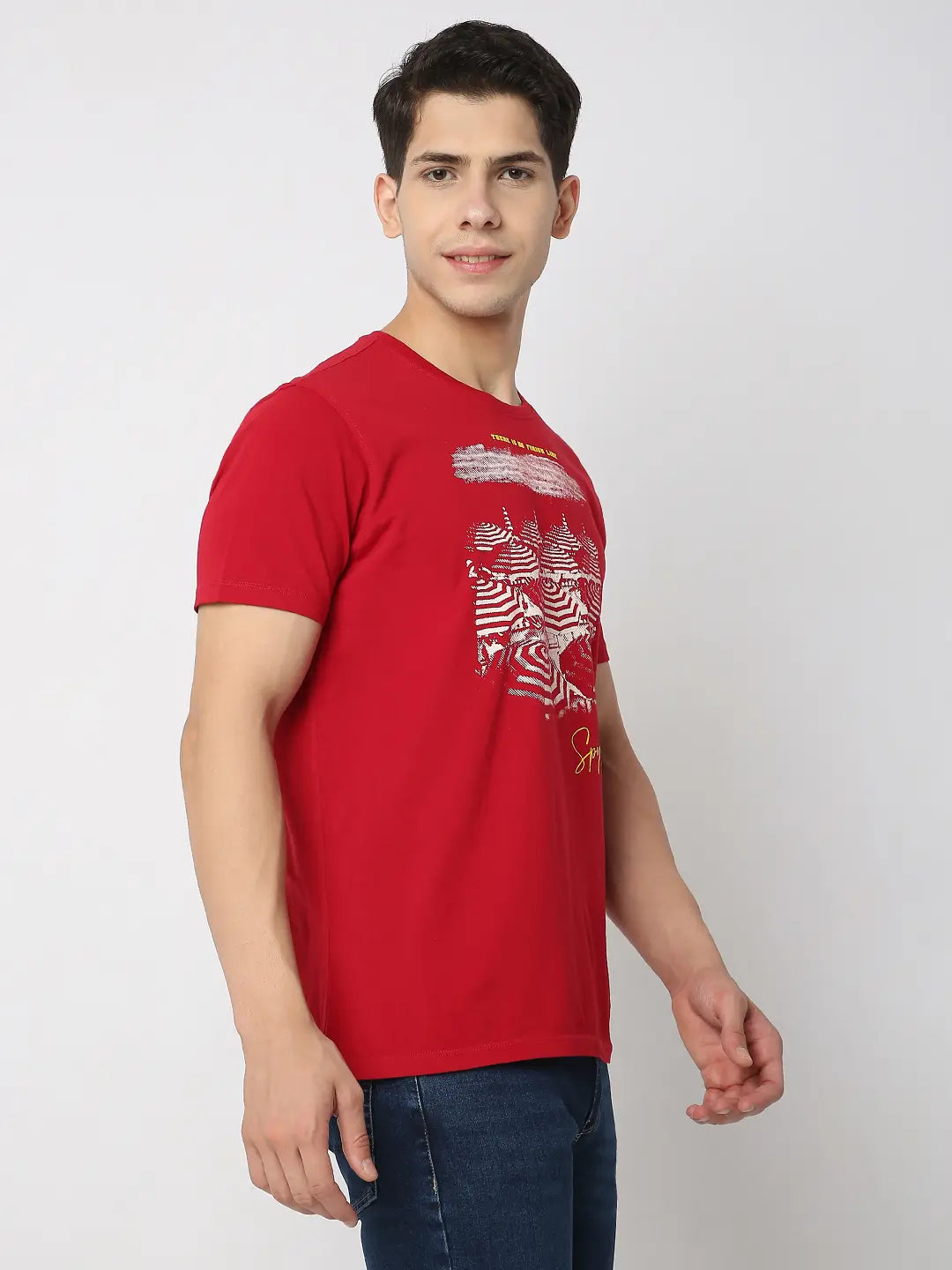 Spykar Men Deep Red Cotton Regular Fit Printed Round Neck Tshirt