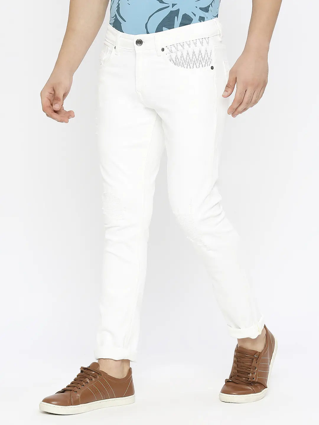 Spykar Men White Cotton Slim Fit Narrow Length Mildly Distressed Low Rise Jeans-(Skinny)