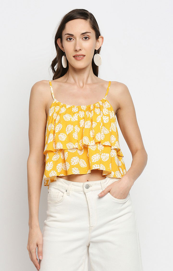 Spykar Women Yellow Viscose Floral Print Sleeveless Crop Top