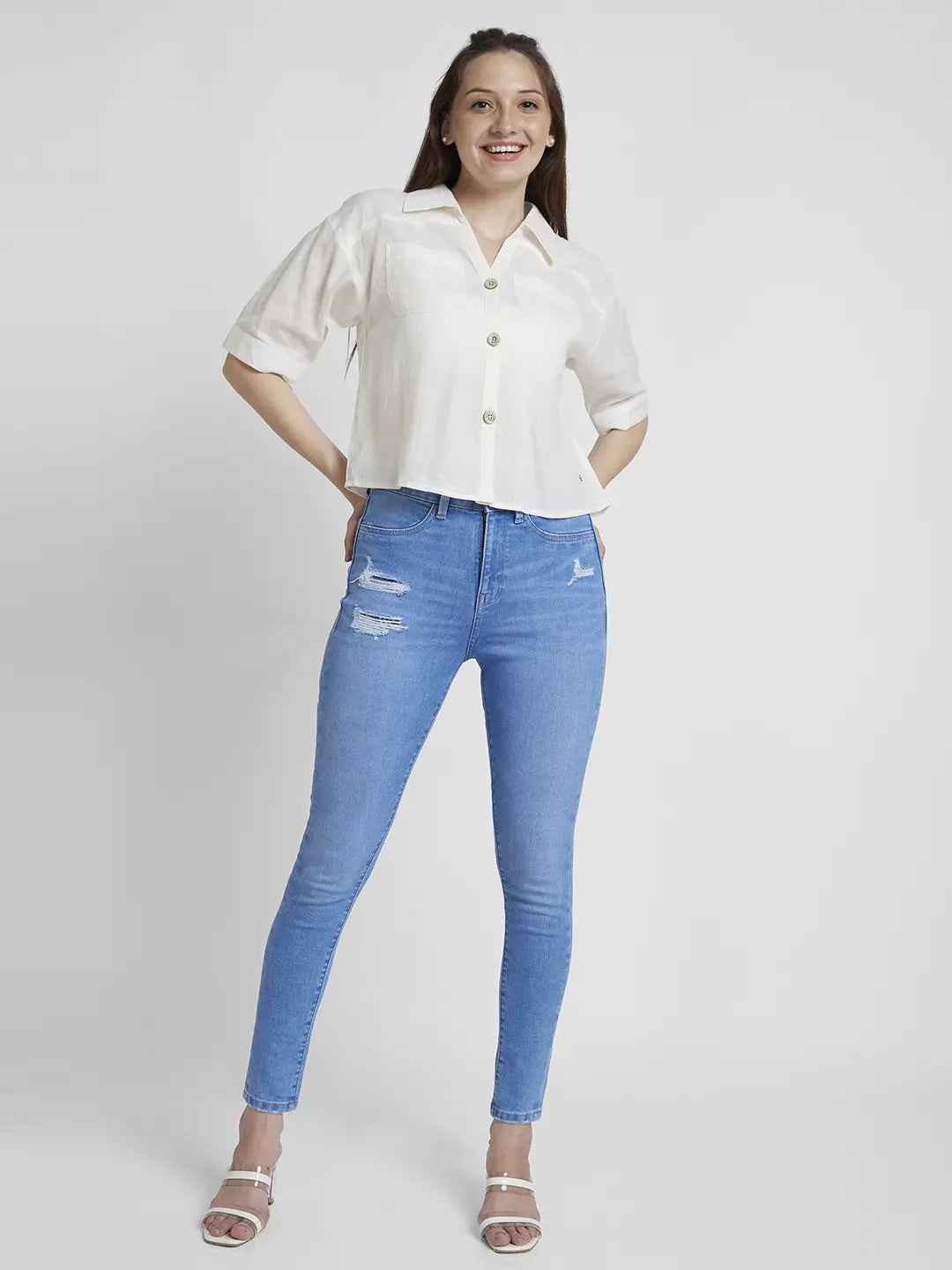 Spykar Women Light Blue Lycra Super Skinny Fit Ankle Length Mild Distressed Jeans -(Alexa)