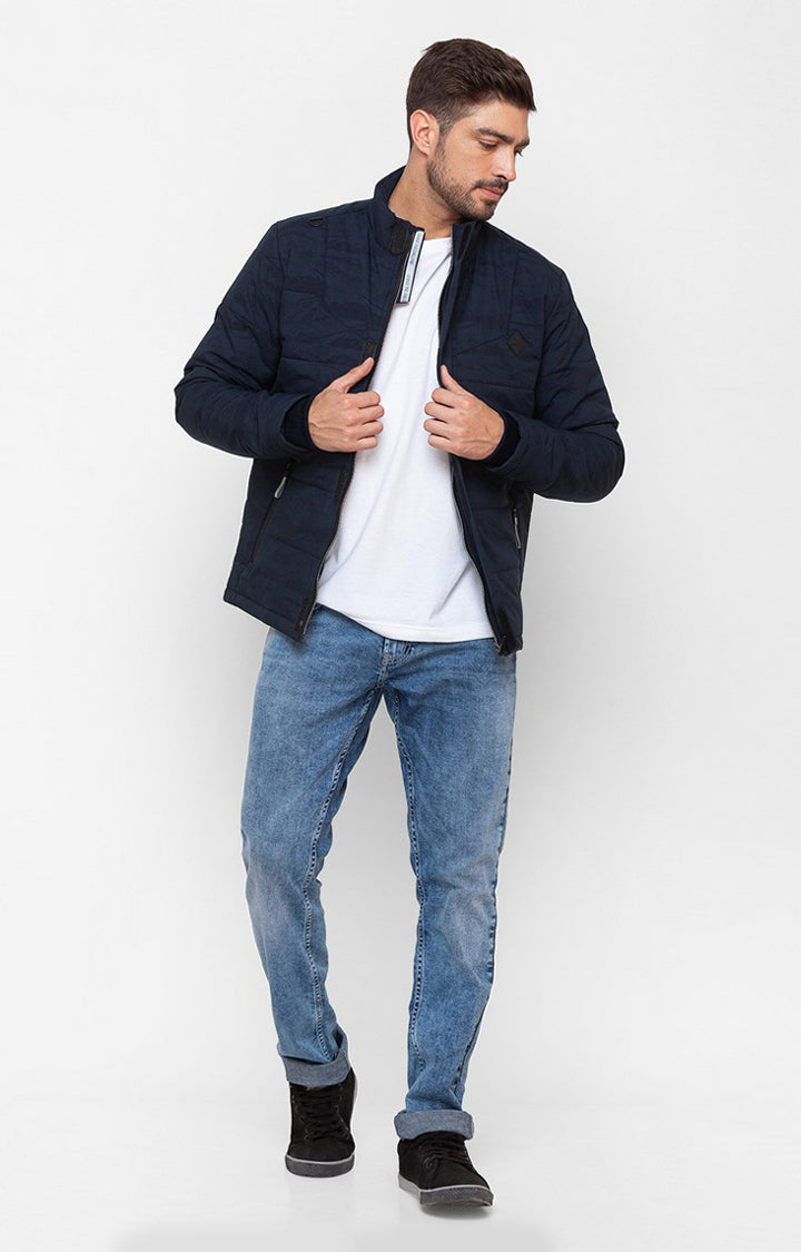 Spykar Navy Blue Cotton Full Sleeve Casual Jacket For Men