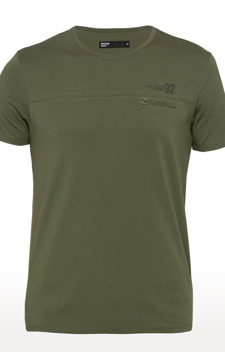 Spykar Dark Olive Solid Slim Fit Men T-Shirts