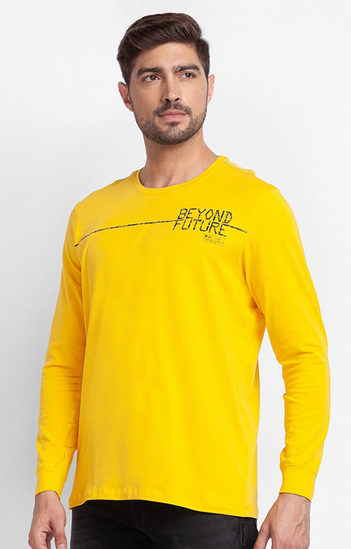 Spykar Chrome Yellow Cotton Full Sleeve Printed Casual T-shirt For Men
