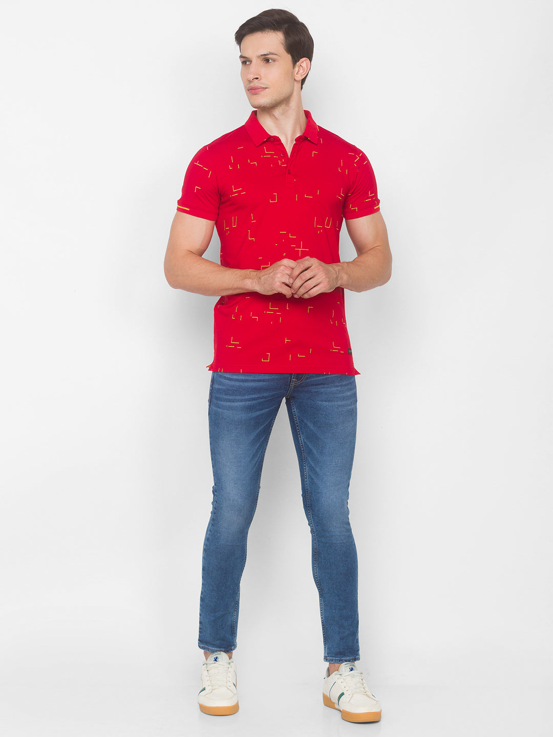 Spykar Men Red Cotton Slim Fit Polo T-Shirt