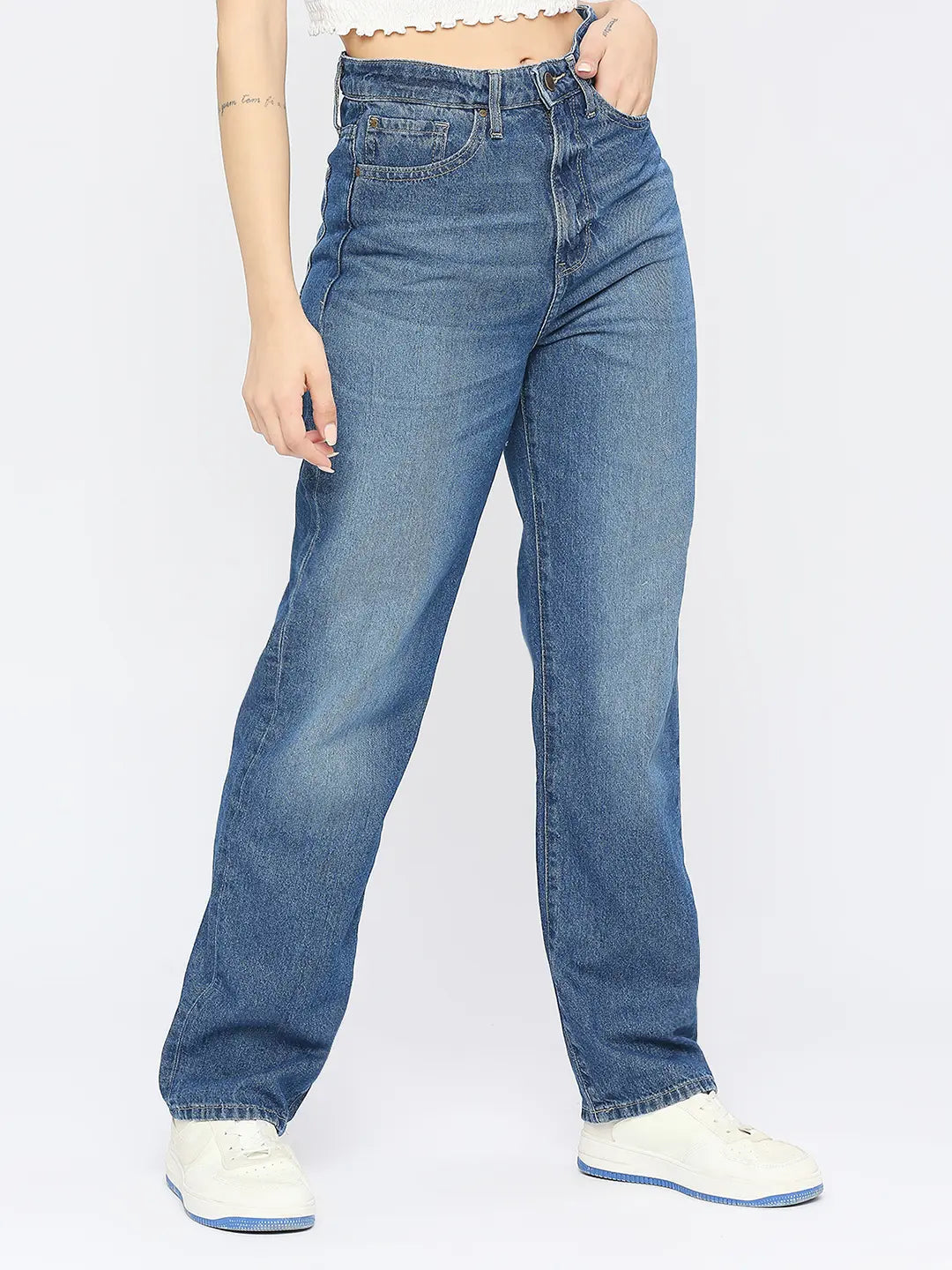 Spykar Women Mid Blue Cotton Straight Fit - Clean Look High Rise Jeans-(Bella)