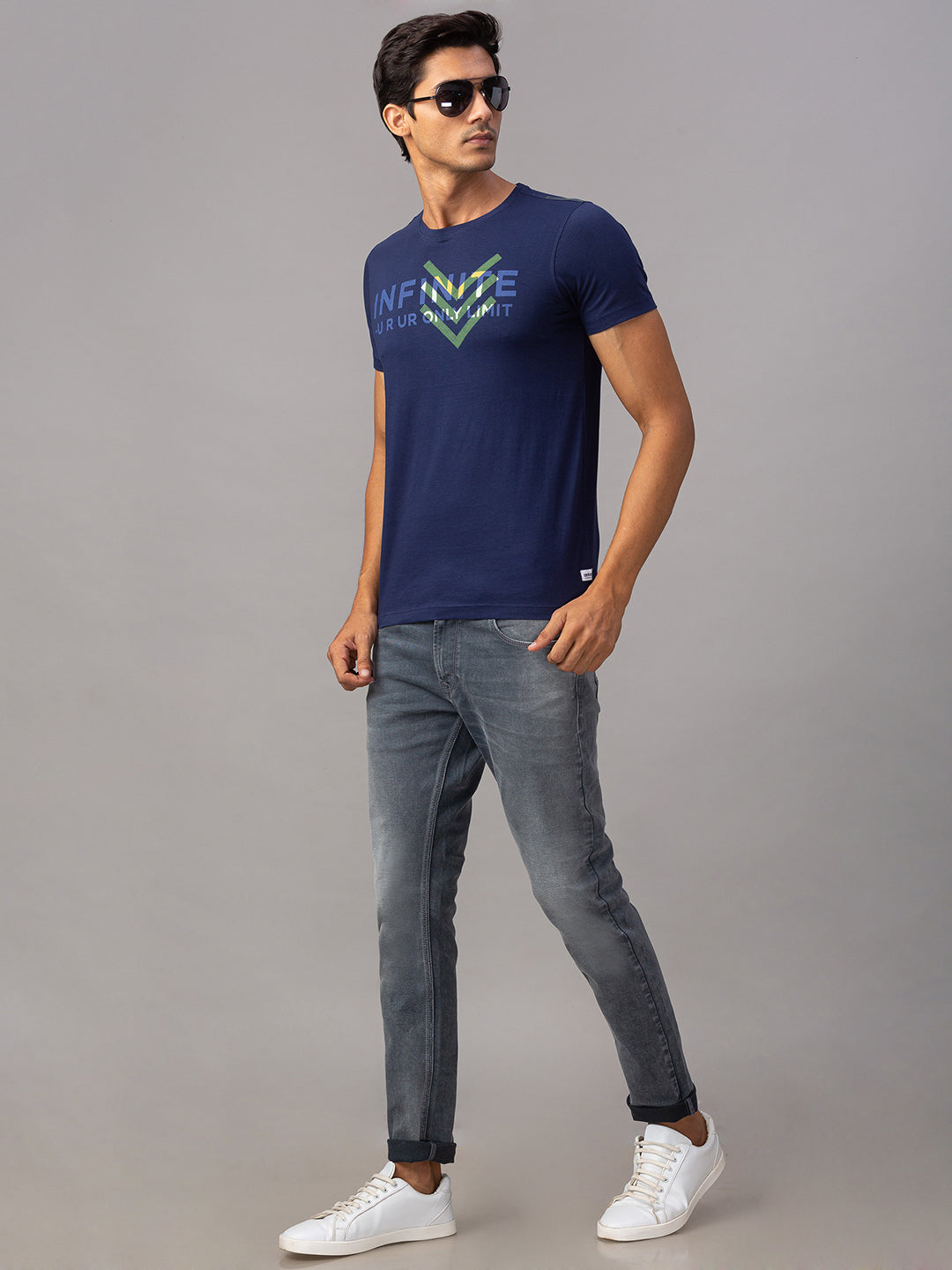 Spykar Men Blue Cotton Slim Fit Round Neck T-Shirt