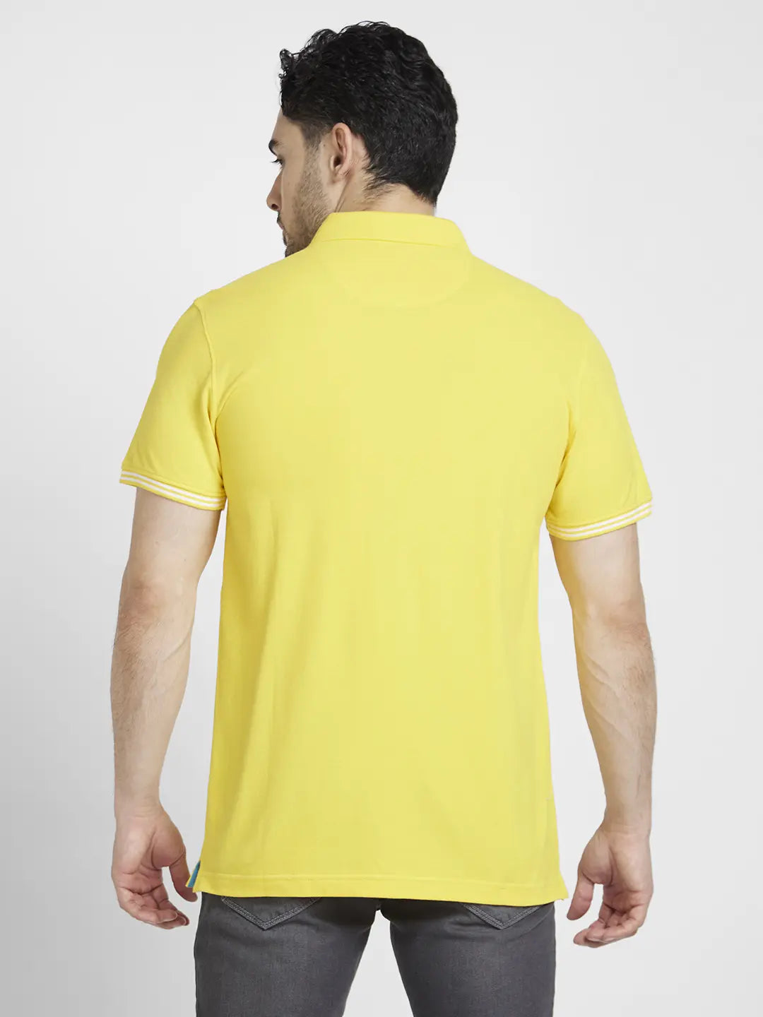 Spykar Men Yellow Cotton Slim Fit Plain Polo Tshirt