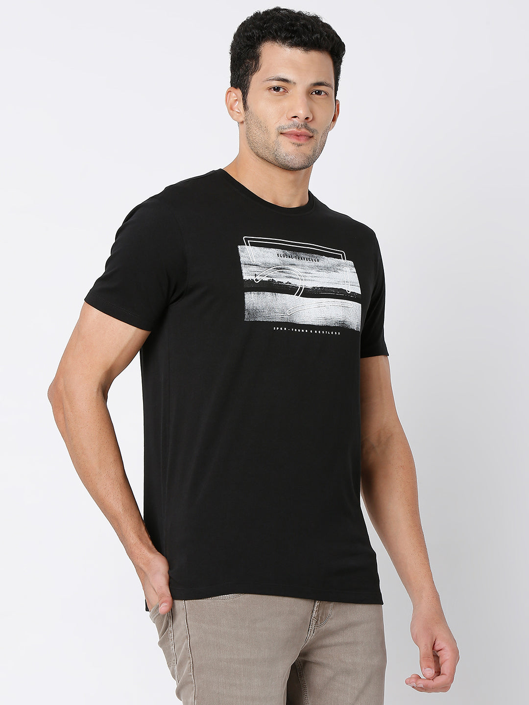 Spykar Black Cotton Half Sleeve Printed Casual T-Shirt For Men