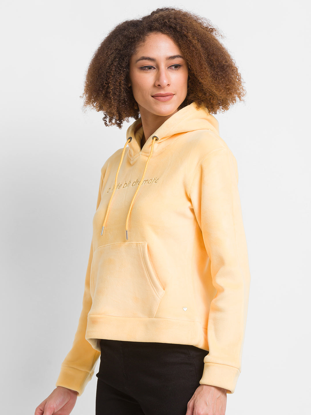 Spykar Butter Yellow Cotton Blend Full Sleeve Hooded Sweatshirts For Women