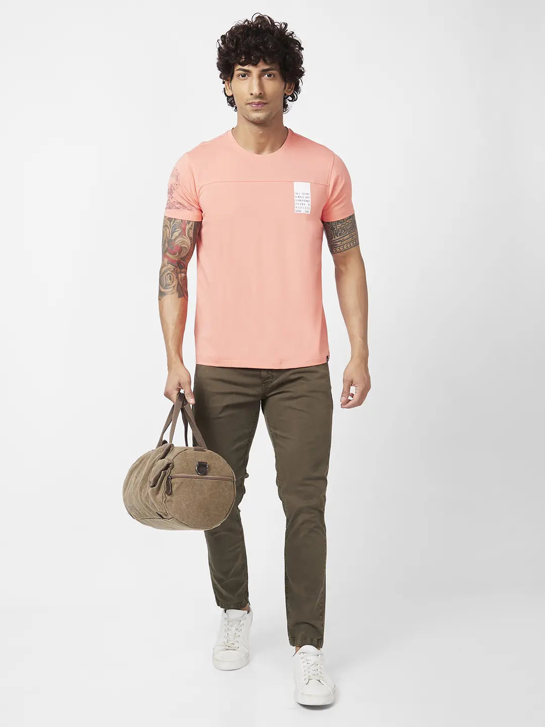 Spykar Men Peach Pink Blended Slim Fit Half Sleeve Round Neck Printed Tshirt