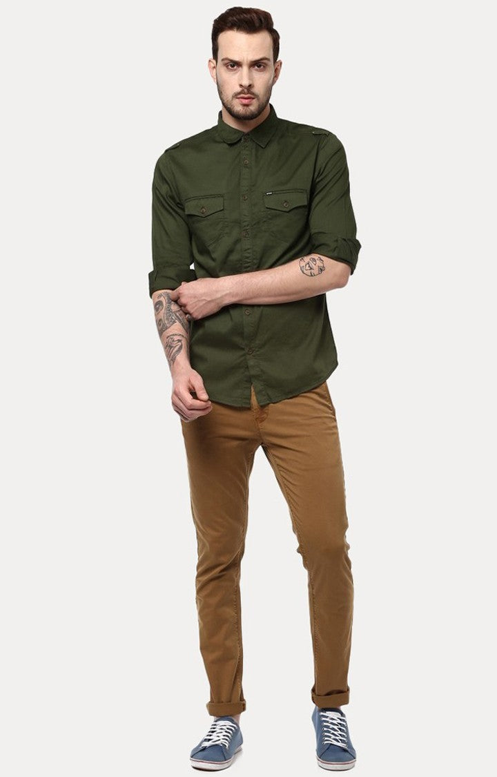 Spykar Men'S Green Cotton Solid Casual Shirts