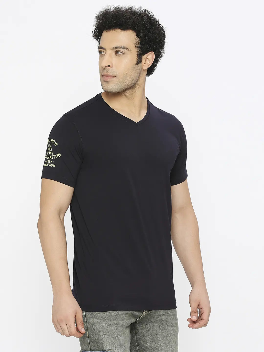 Spykar Men Navy Blue Cotton Regular Fit Half Sleeve Plain V-Neck Tshirt