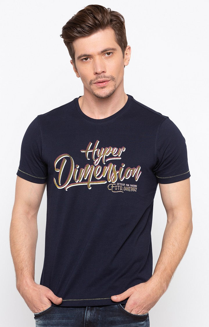 Spykar Navy Blue Printed Slim Fit Men T-Shirts