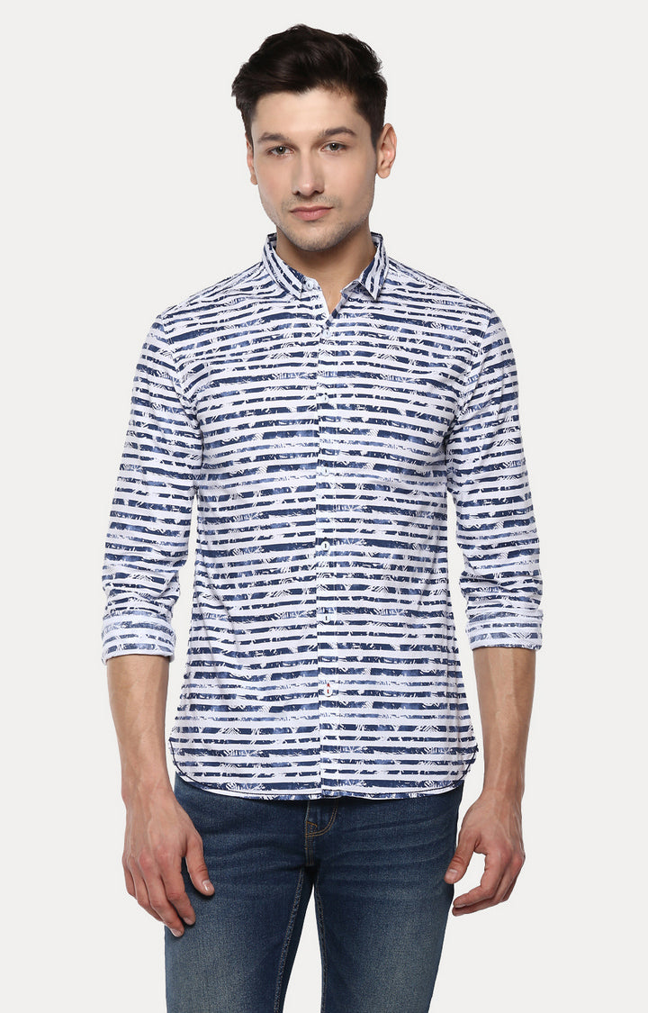 Spykar Men'S Blue Cotton Striped Casual Shirts