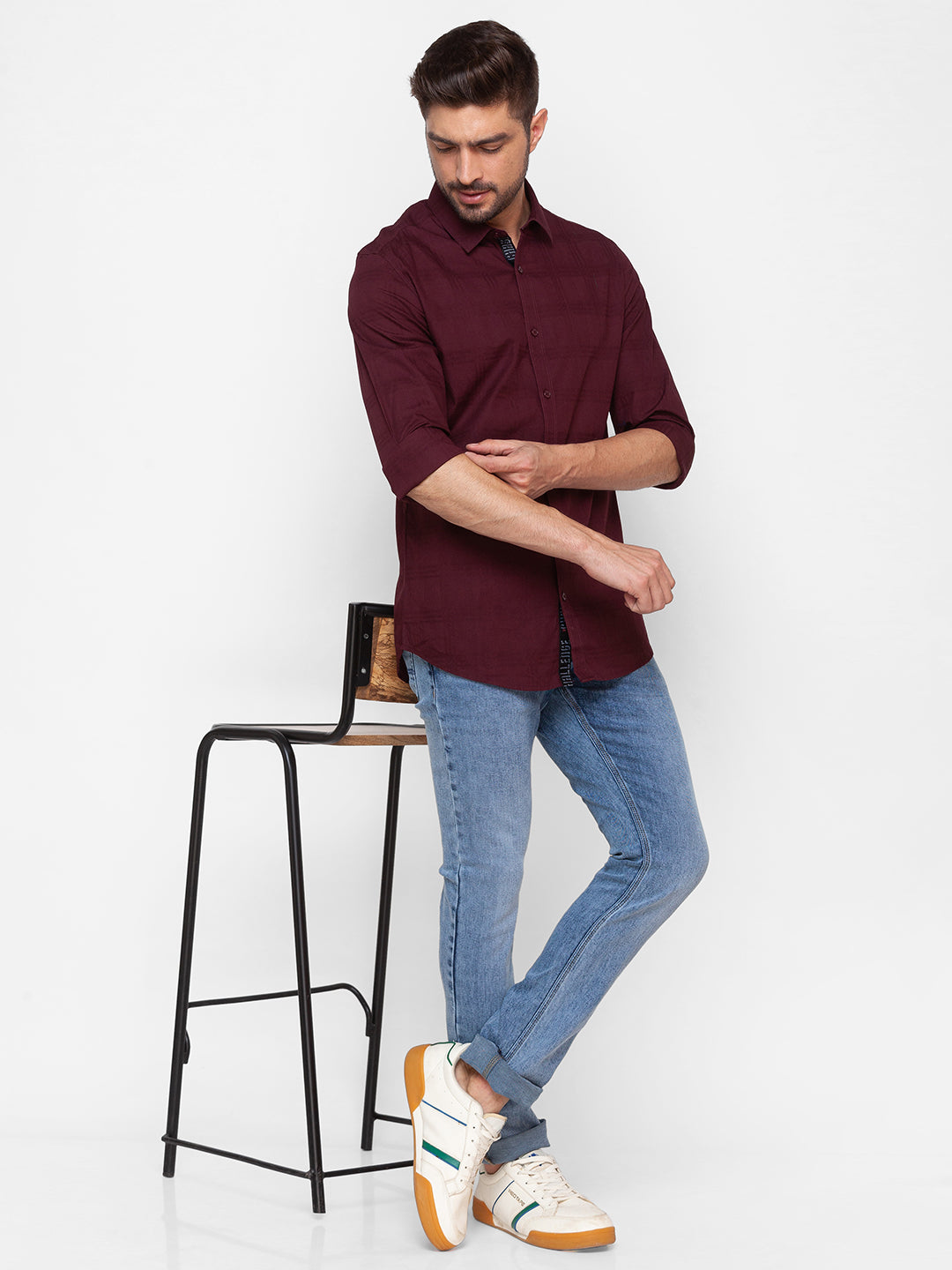 Spykar Wine Red Cotton Full Sleeve Plain Shirt For Men