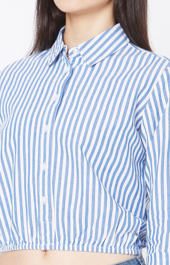 Spykar Slim Fit Blue Cotton Women Stripe Shirt