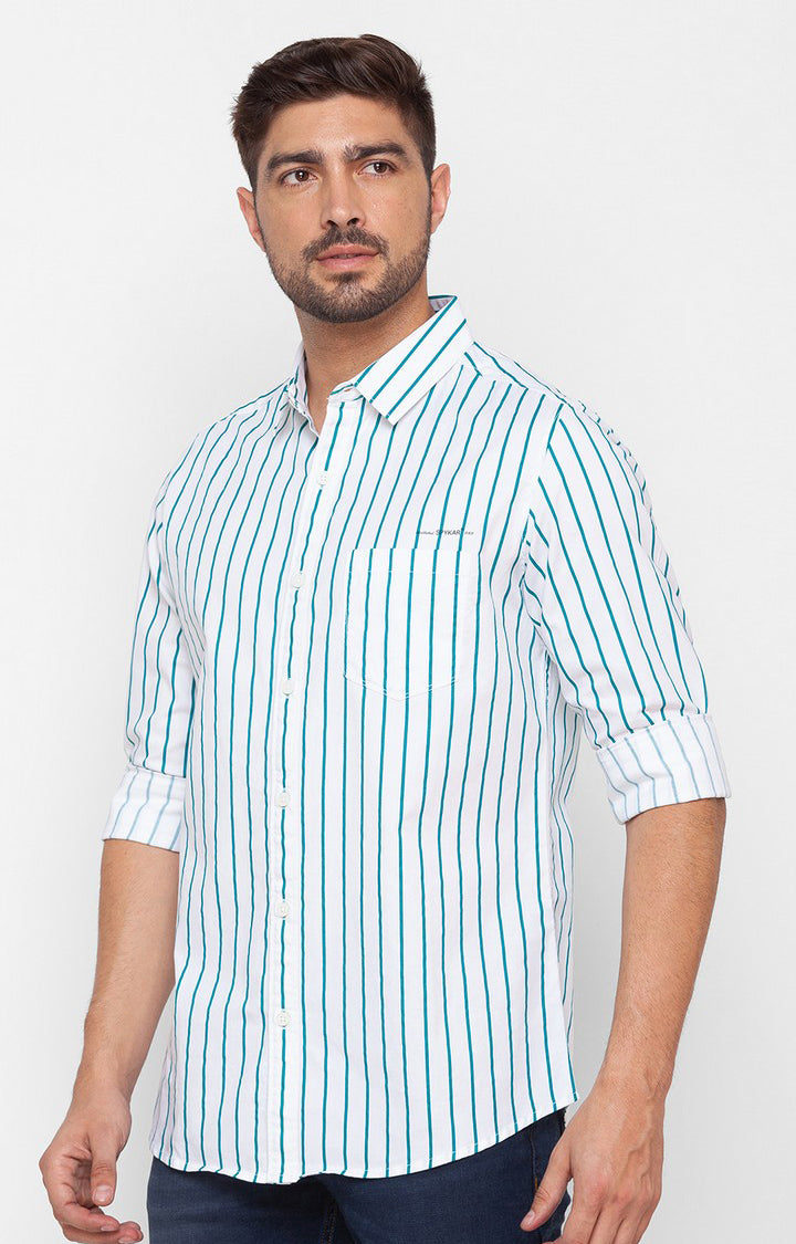 Spykar Sporty Green Cotton Full Sleeve Stripes Shirt For Men