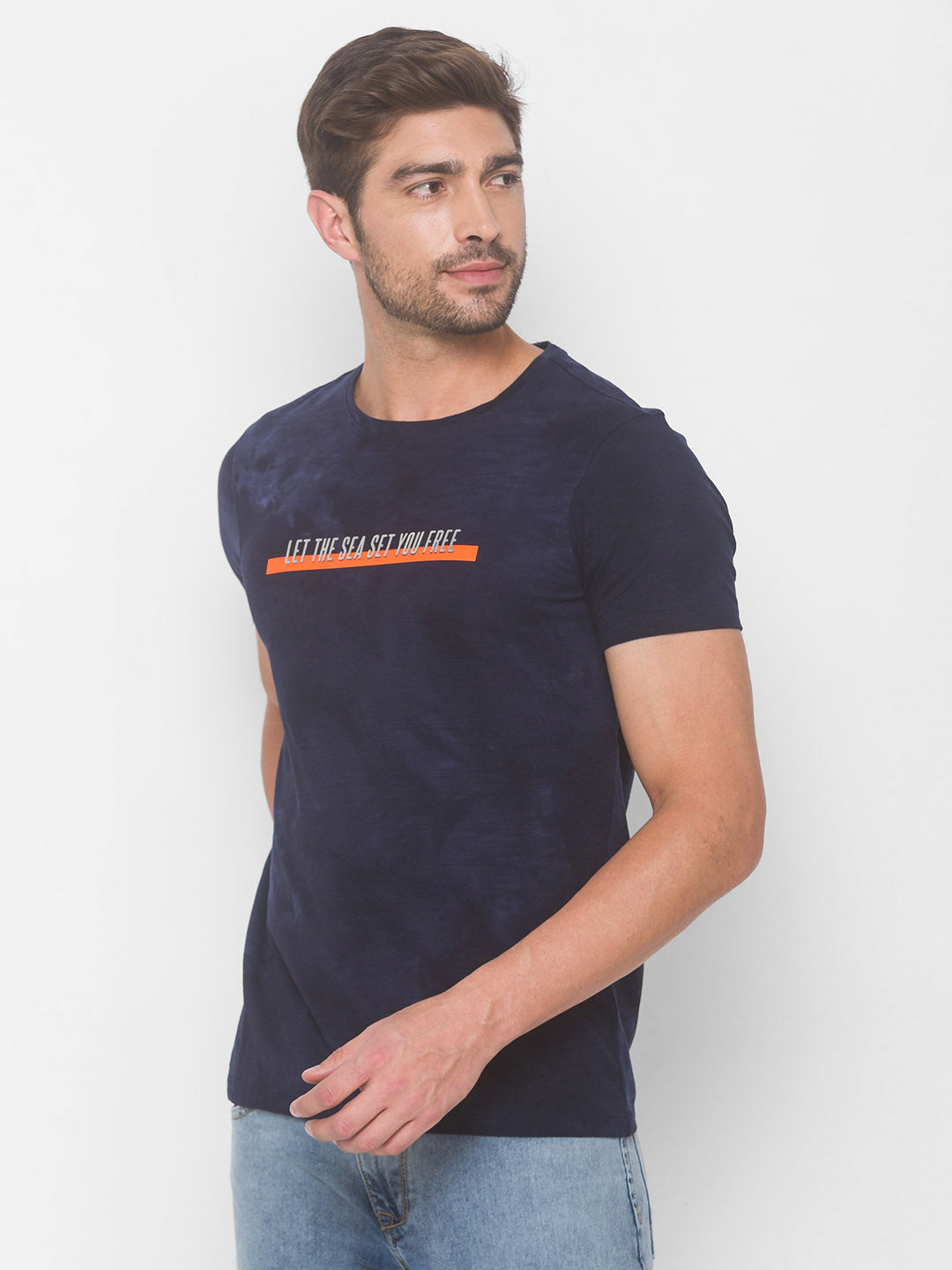 Spykar Men Blue Cotton Slim Fit Round Neck T-Shirt