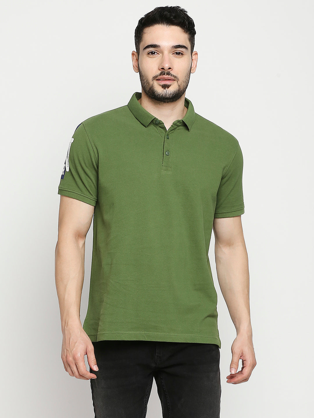 Spykar Cactus Green Cotton Half Sleeve Plain Polo Casual T-Shirts For Men