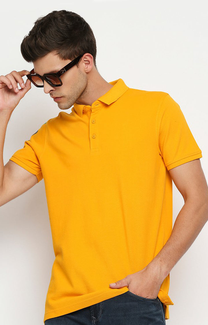 Spykar Men Yellow Cotton Printed Half Sleeve Polo T-Shirt