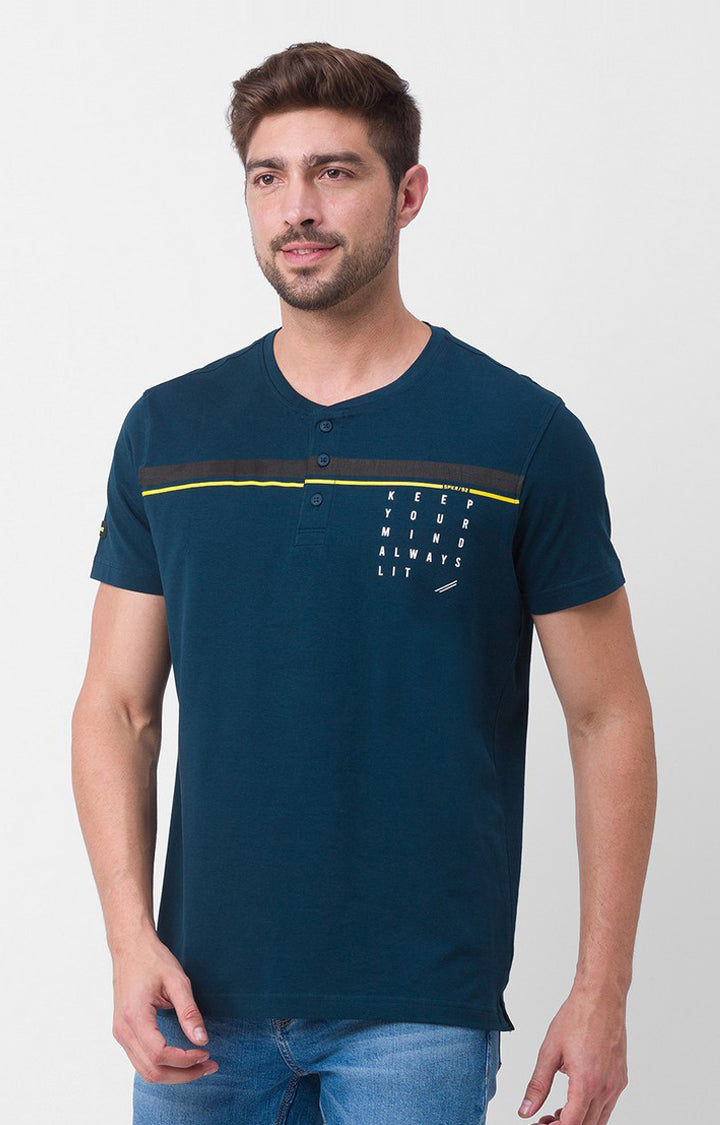 Spykar Teal Blue Cotton Half Sleeve Plain Casual T-shirt For Men
