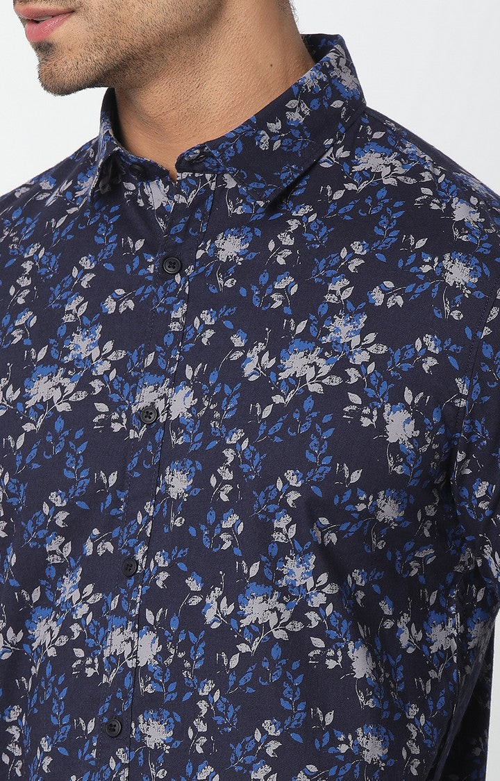 Spykar Men Blue Cotton Floral Print M and arin Collar Shirt