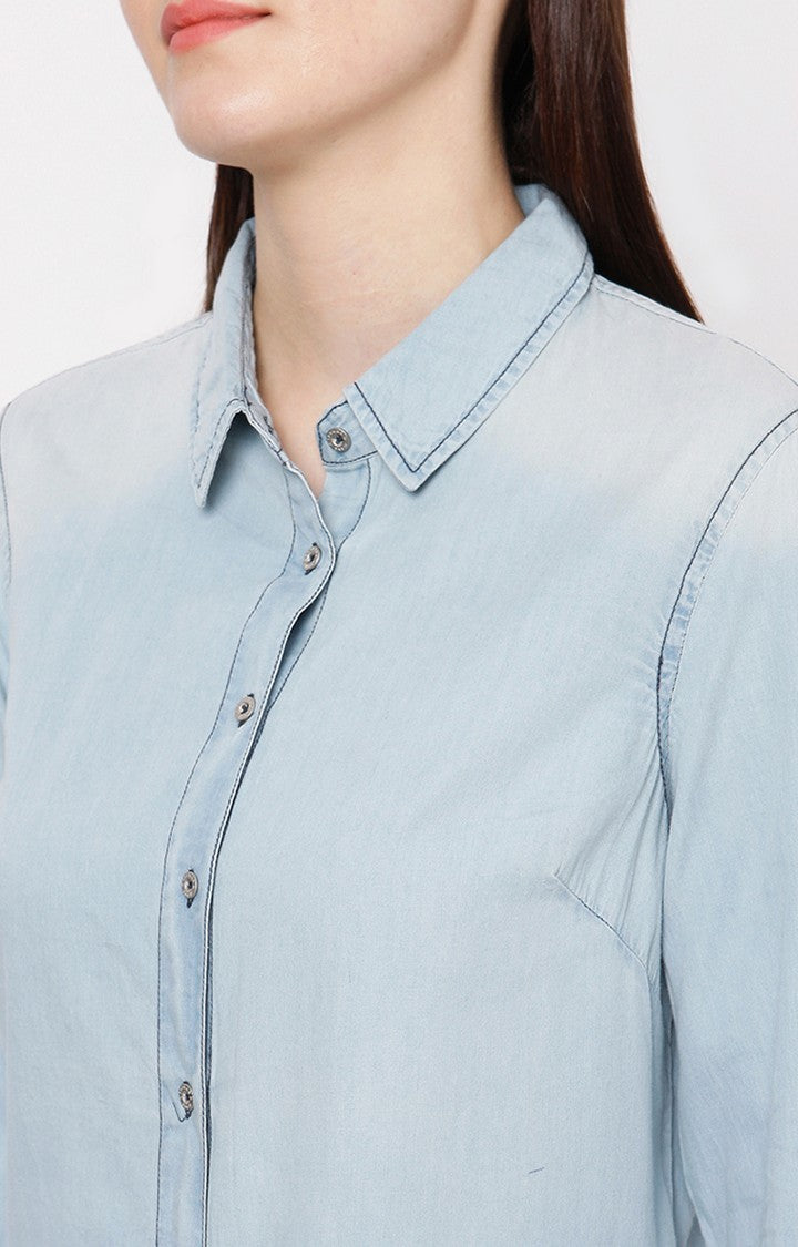 Spykar Women Light Blue Cotton Regular Fit Denim Shirt