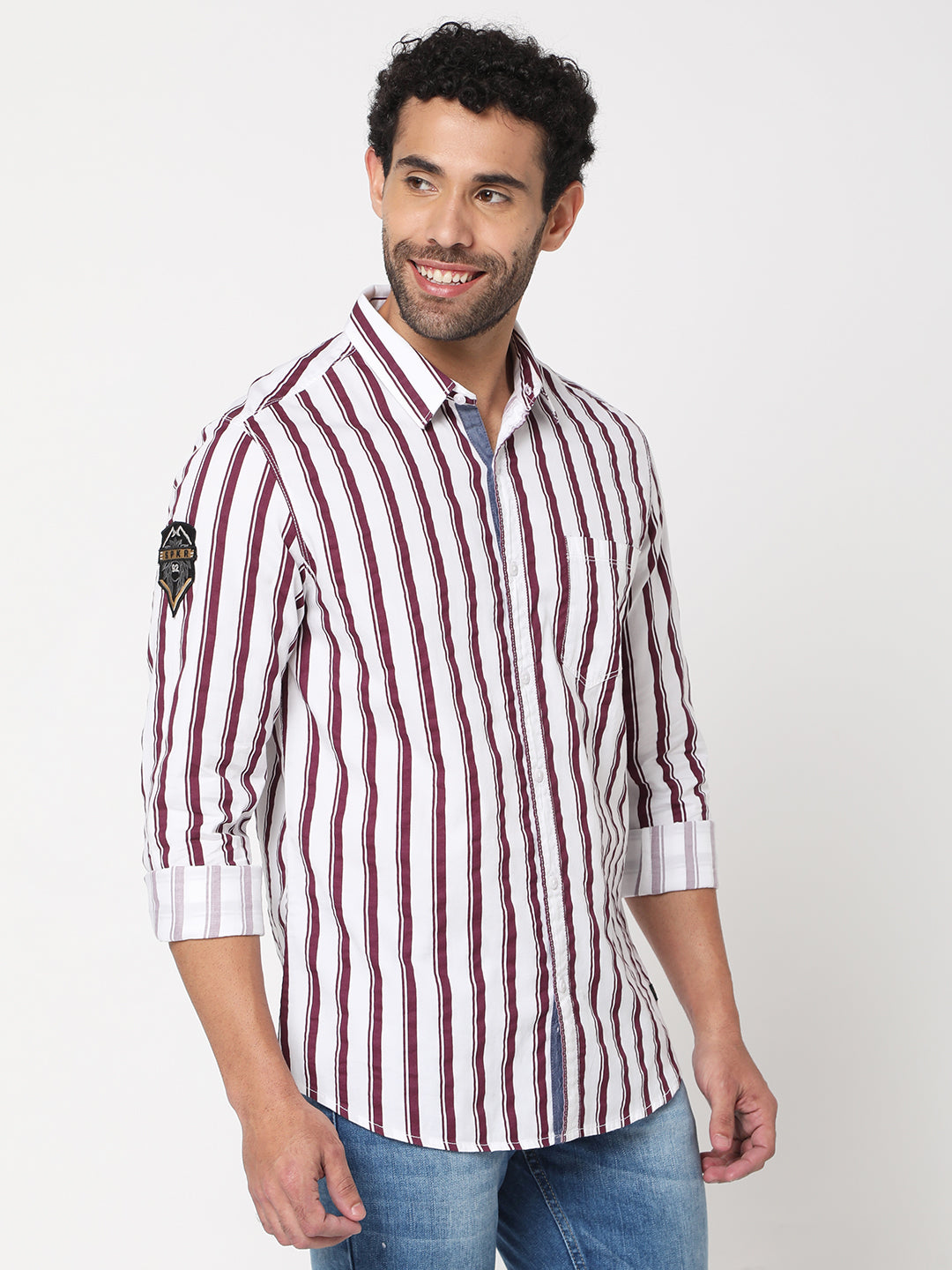 Spykar Men Plum Red Cotton Slim Fit Full Sleeve Striped Shirt