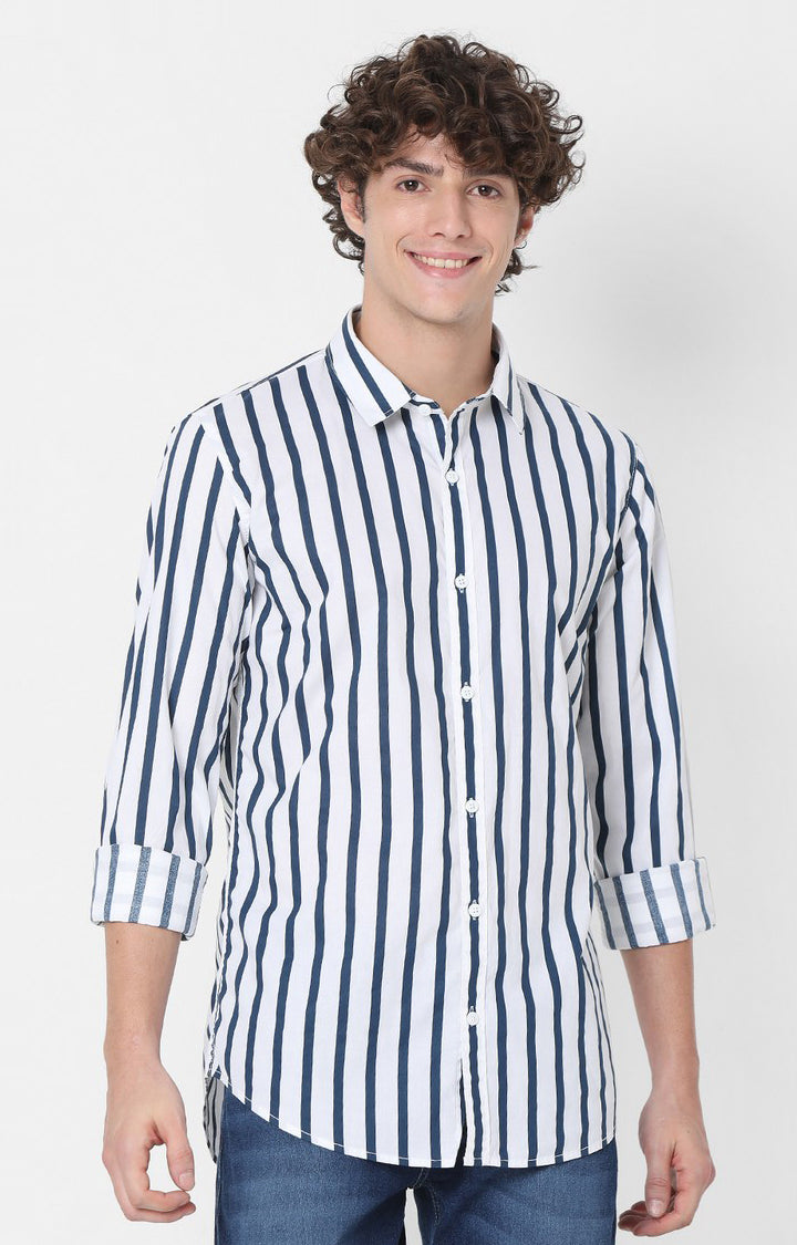 Spykar Slim Fit White & Blue Striped Full Sleeve Shirts For Men