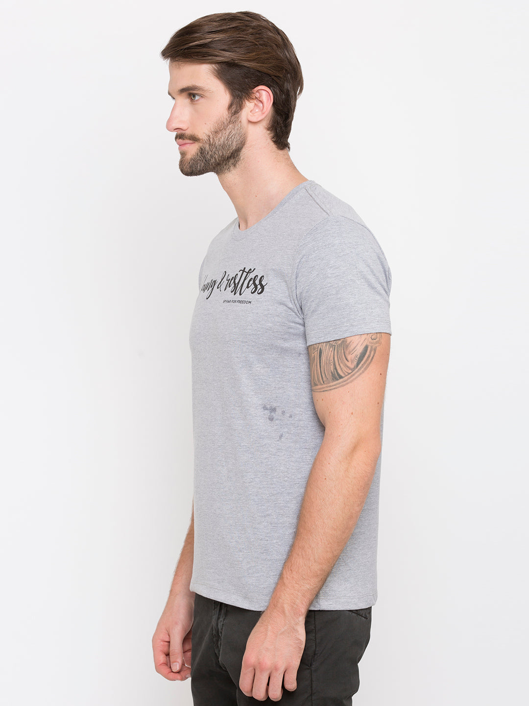 Spykar Men Grey Cotton Slim Fit Round Neck T-Shirt