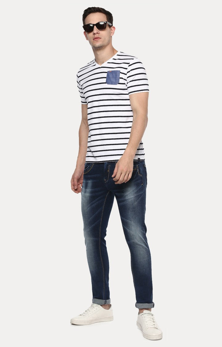 Spykar White Striped Slim Fit Men T-Shirts