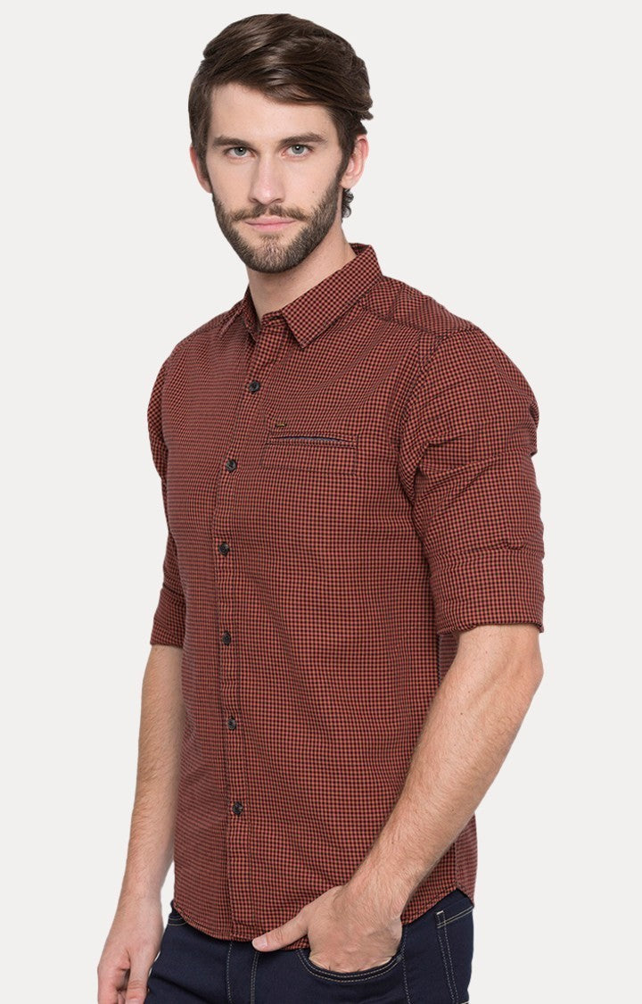 Spykar Men'S Orange Cotton Checked Casual Shirts