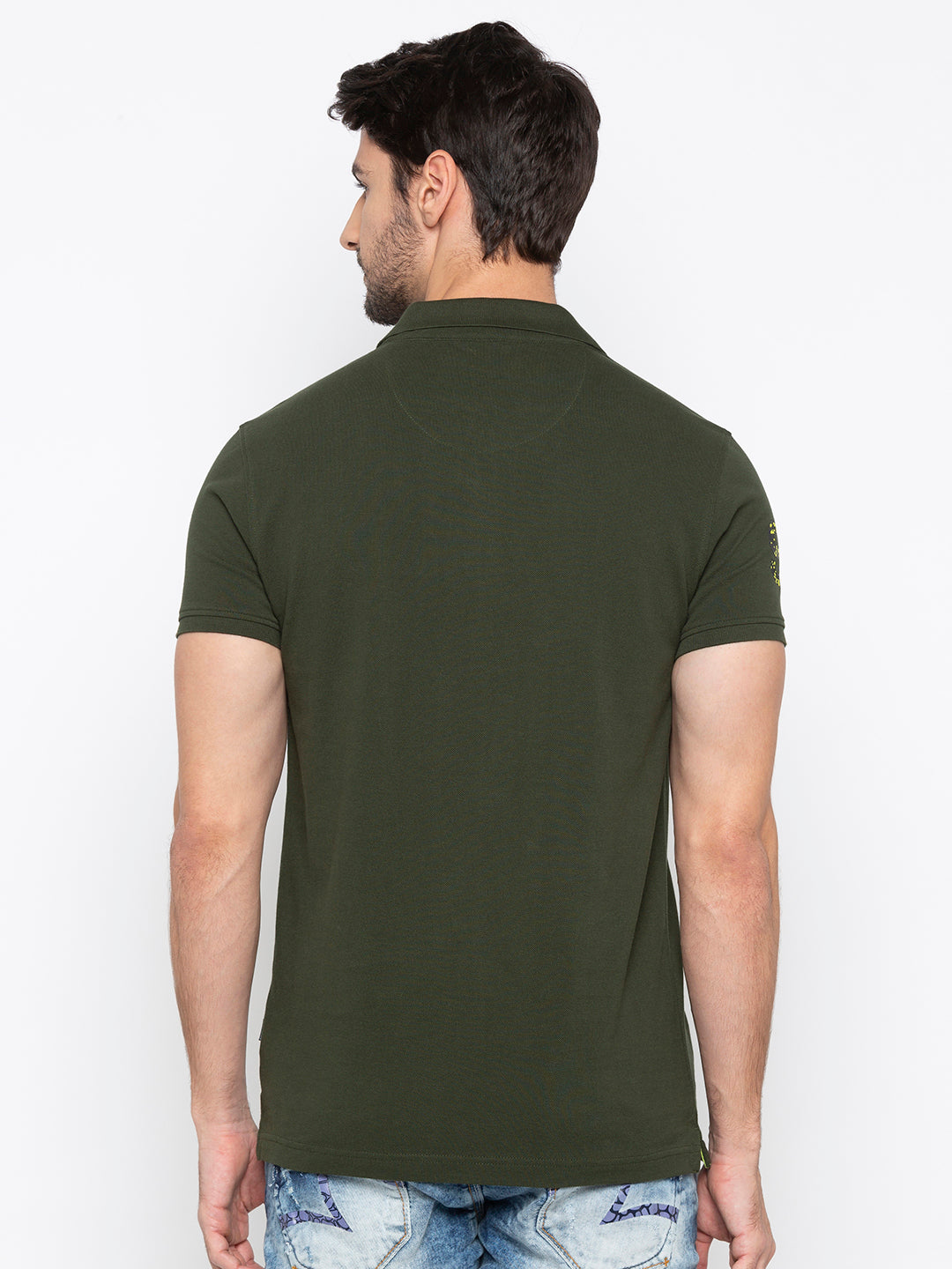 Spykar Men Green Cotton Slim Fit Polo T-Shirt