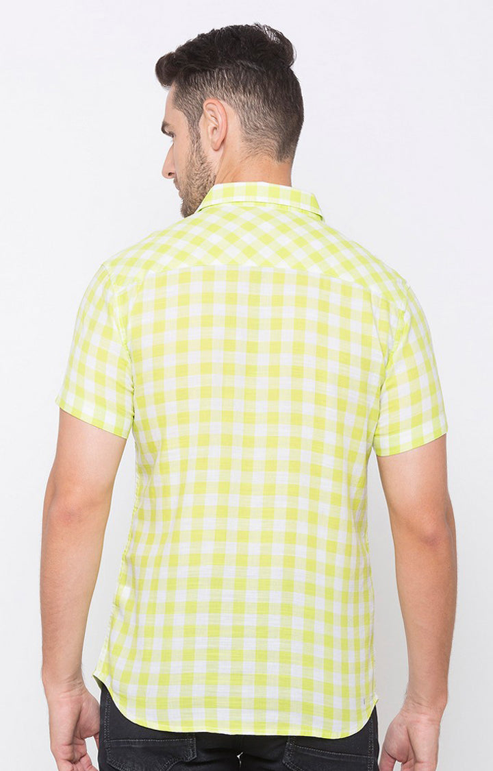 Spykar Men Lime Yellow Cotton Slim Fit Checkered Shirt