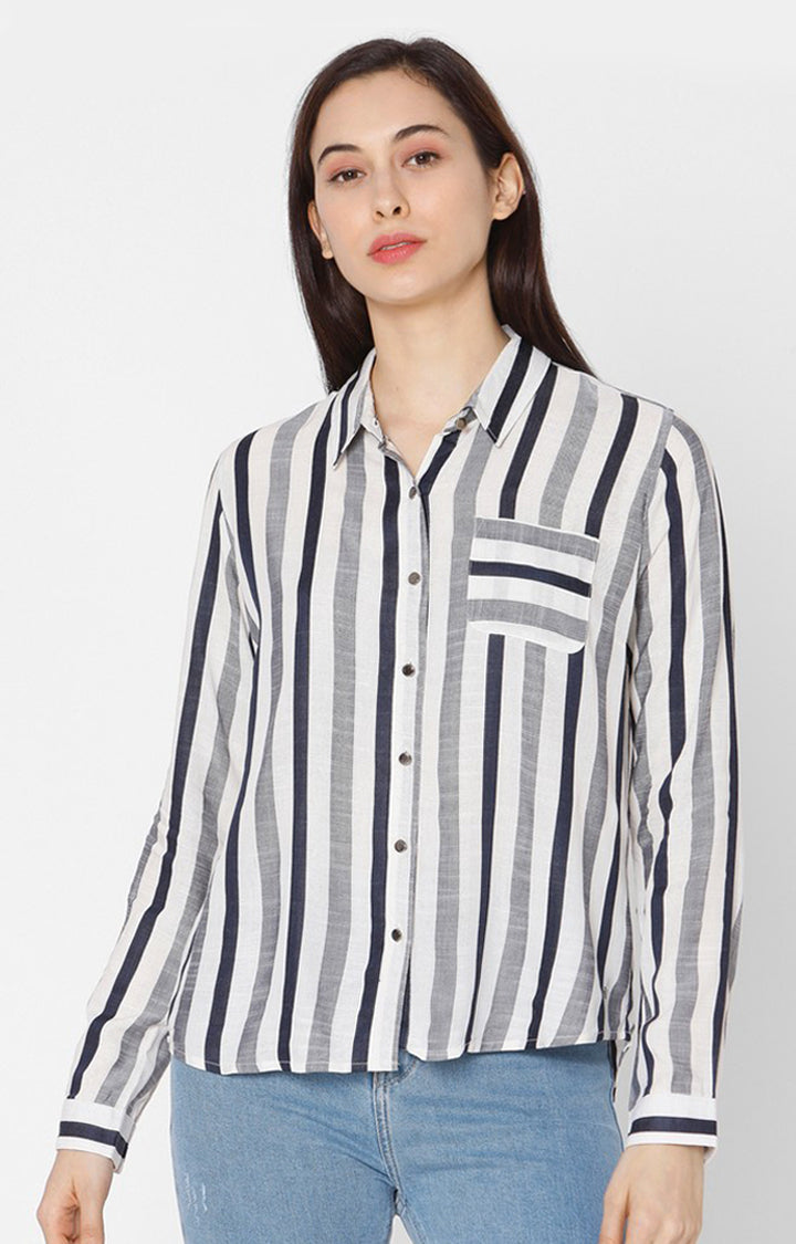 Spykar Women White Viscose Striped Casual Shirts