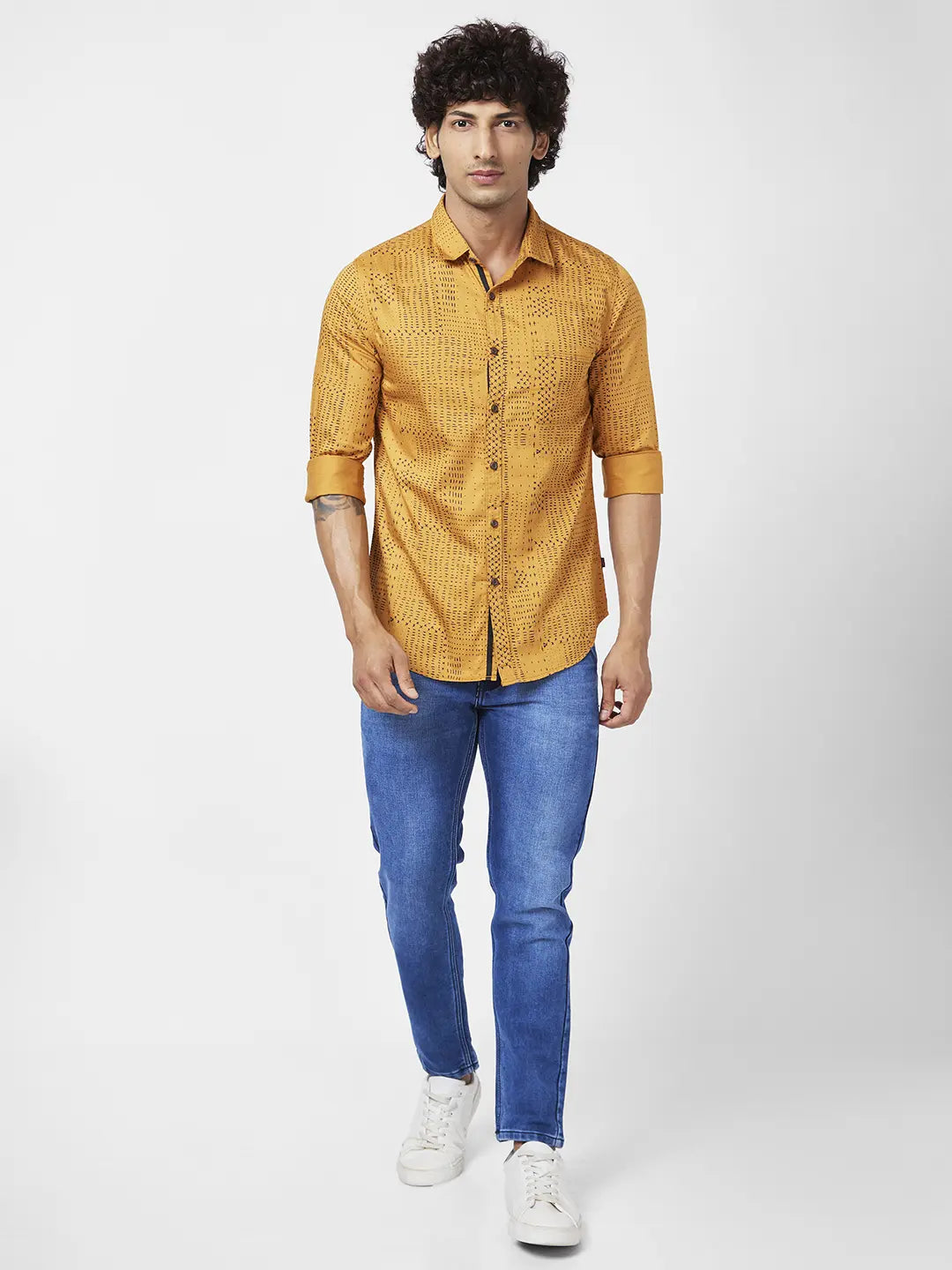 Spykar Men Dark Mustard Yellow Cotton Regular Slim Fit Full Sleeve Causal Printed Shirt