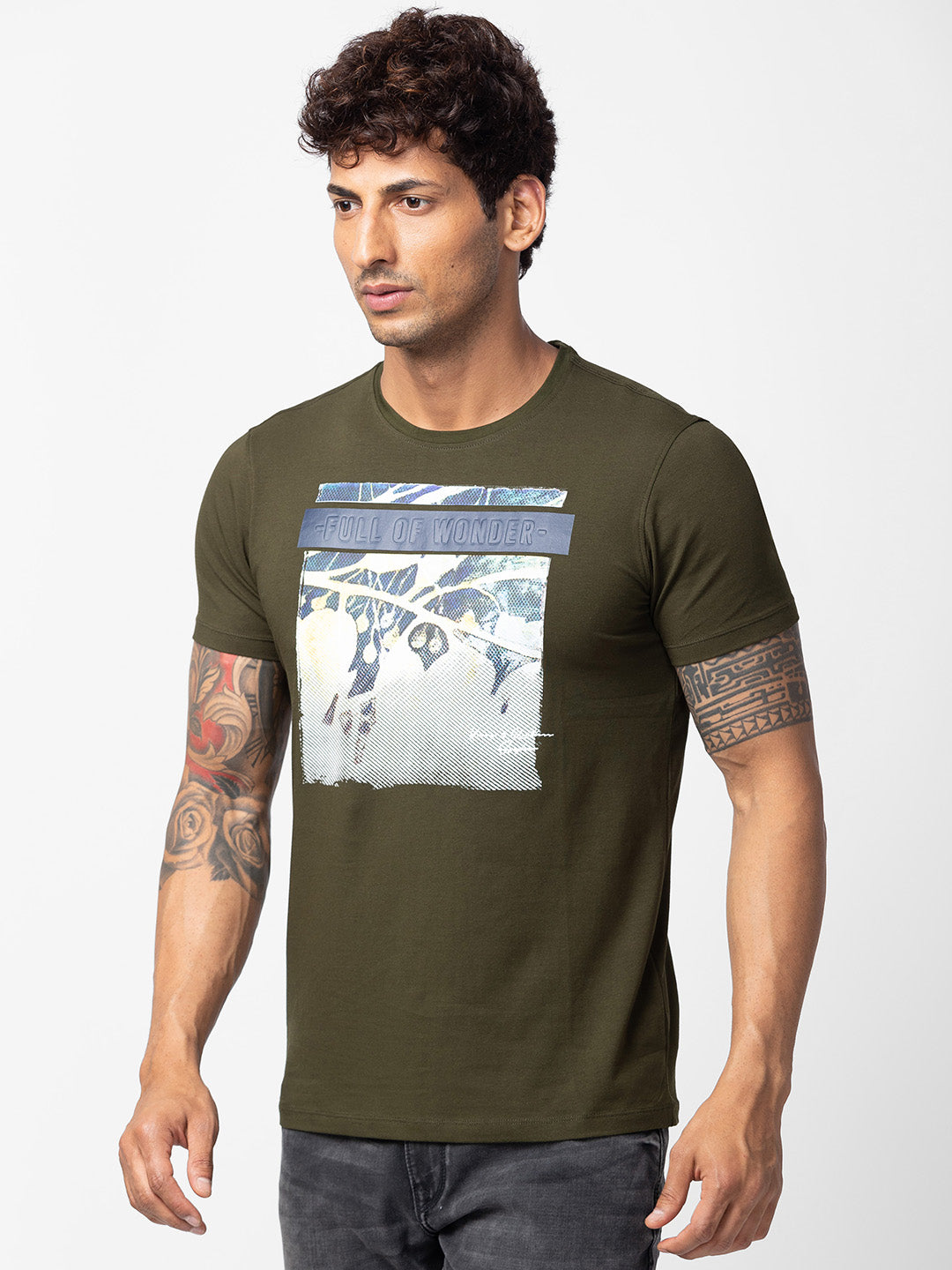 Spykar Men Rifle Green Cotton Regular Fit Half Sleeve Printed T-Shirt