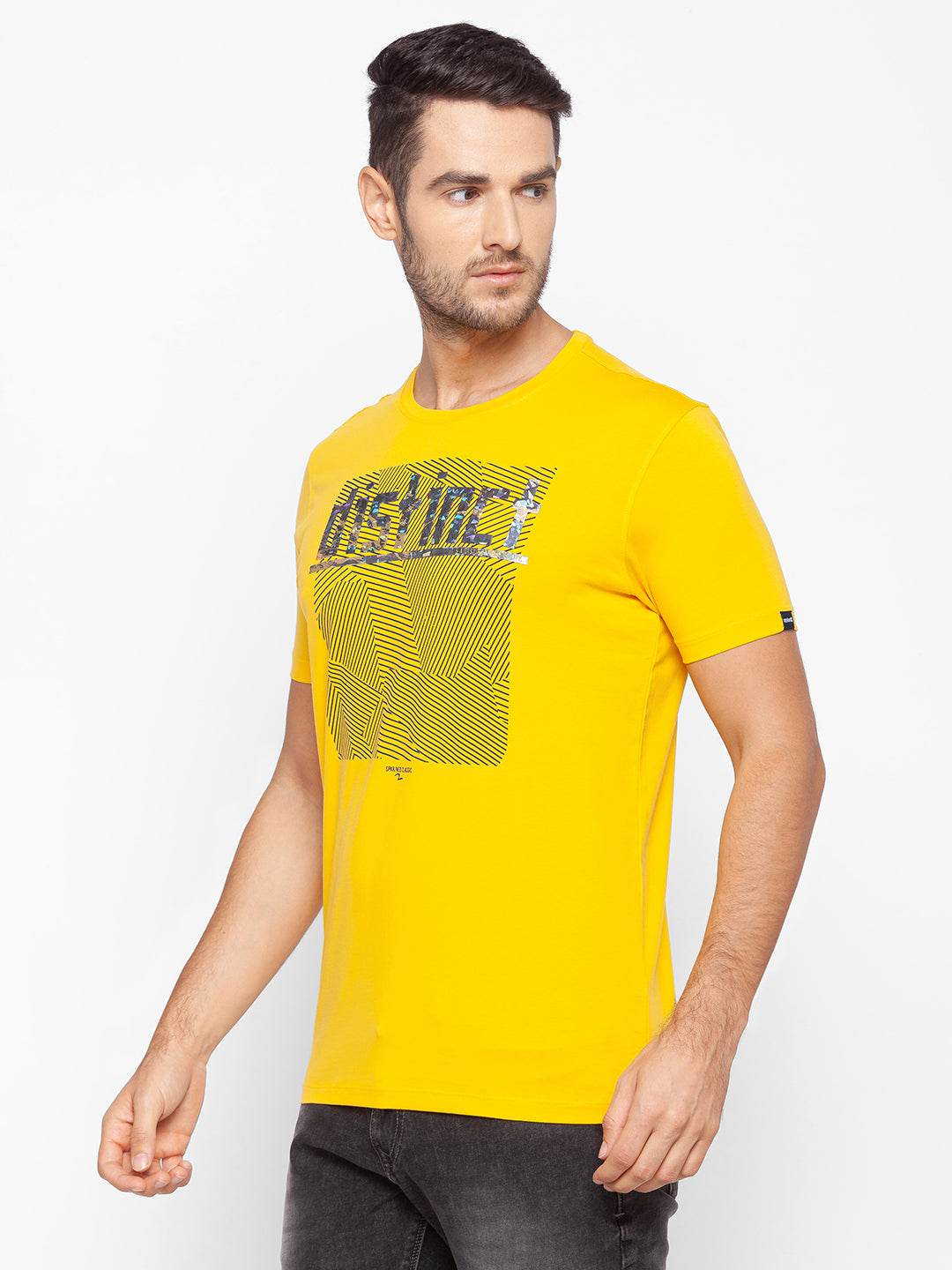 Spykar Men Yellow Cotton Slim Fit Round Neck T-Shirt