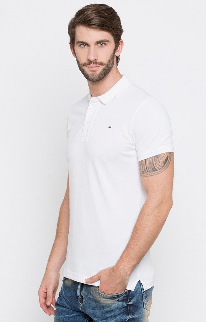 Spykar White Solid Slim Fit Polo T-Shirt